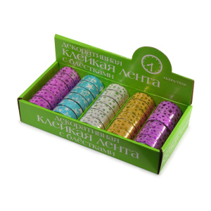 Декоративная клейкая лента с глиттером Звездочки сердечки 15мм 5м