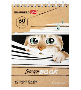 Скетчбук 60л Котик! белая бумага 100 г/м2 140х201 мм гребень жёсткая подложка BRAUBERG ART DEBUT