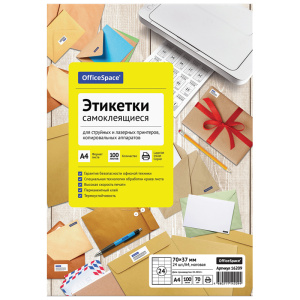 Бумага самоклеящаяся OfficeSpace А4 70х37ммх 24шт 70г/м2 белые