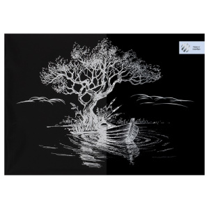 Гравюра А4 с эффектом серебра ТРИ СОВЫ Лодка 