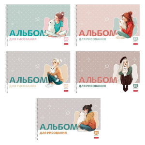 Альбом для рисования 40л А4 Девочка с котиком пластиковая обложка на гребне