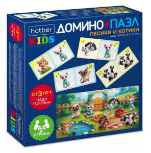 Игра для детей домино + пазл 28 карточек Песики и котики