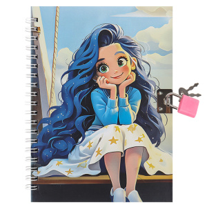 Блокнот 13x18 см 48л клетка Девочка с синими волосами на спирали с замком 